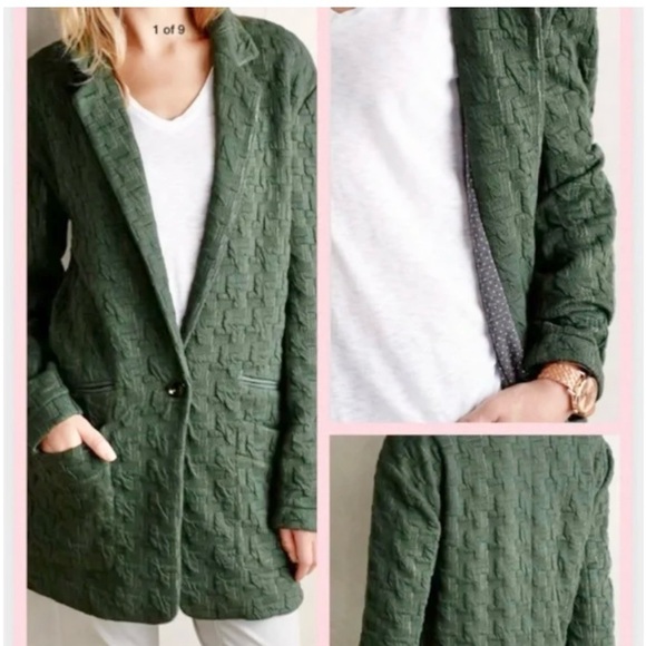 Cartonnier at Anthropologie Green Extended Houndstooth Textured Knit Blazer US M - Picture 3 of 9